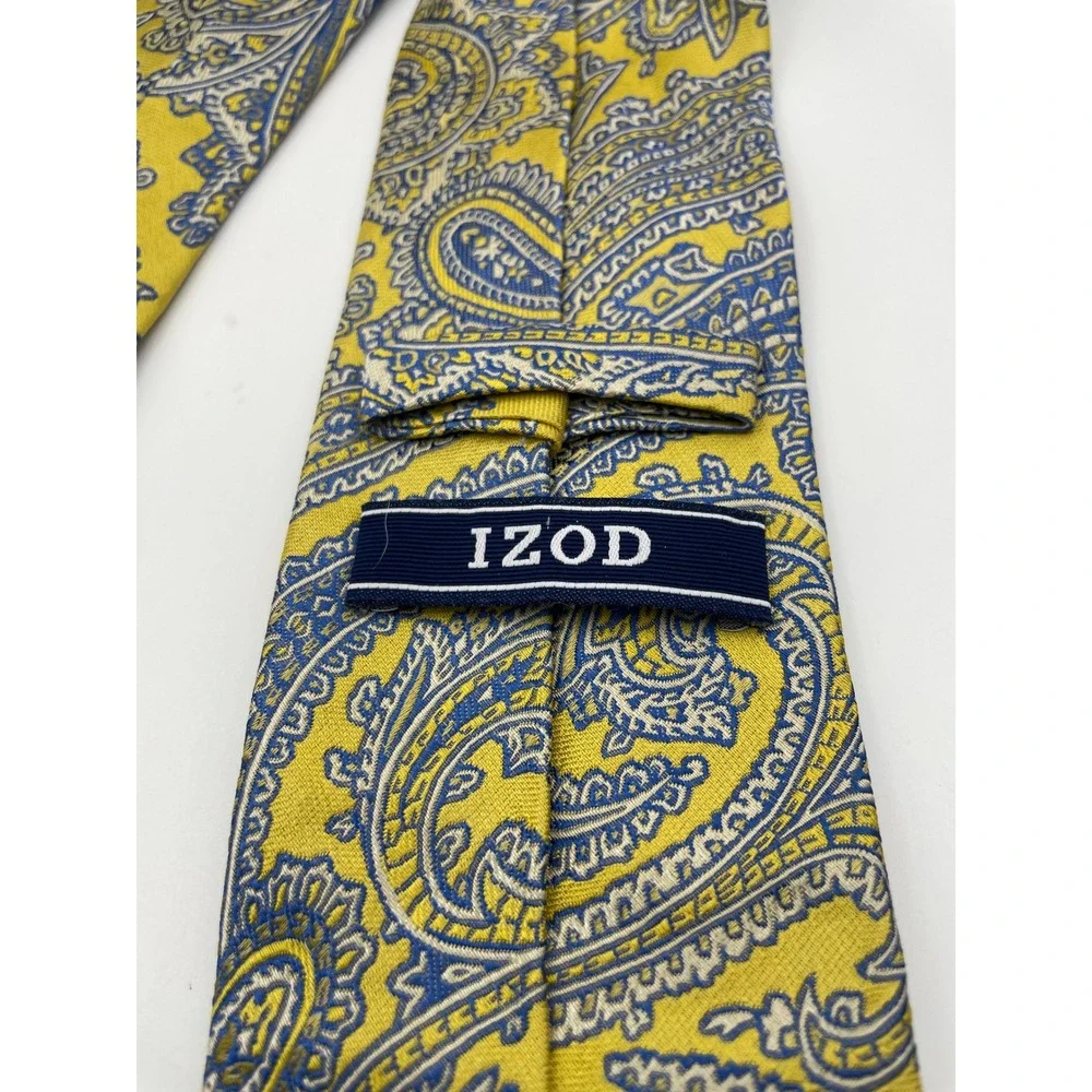 IZOD Mens Silk Tie Yellow Blue White Paisley Woven Pattern Classic Necktie